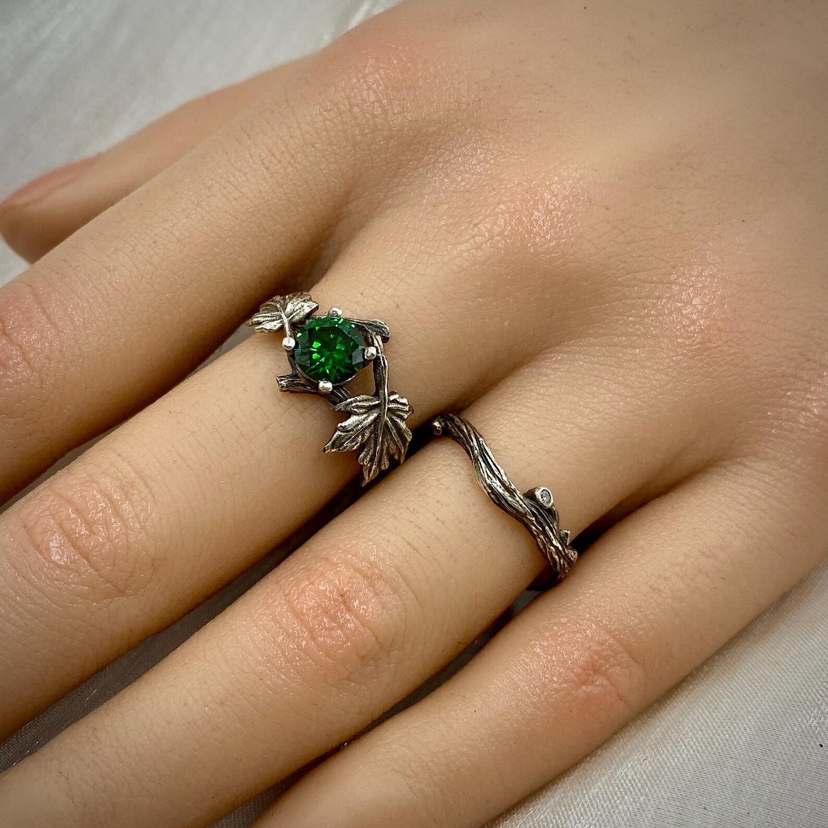 Emerald Sterling Silver Maple Leaf Ring