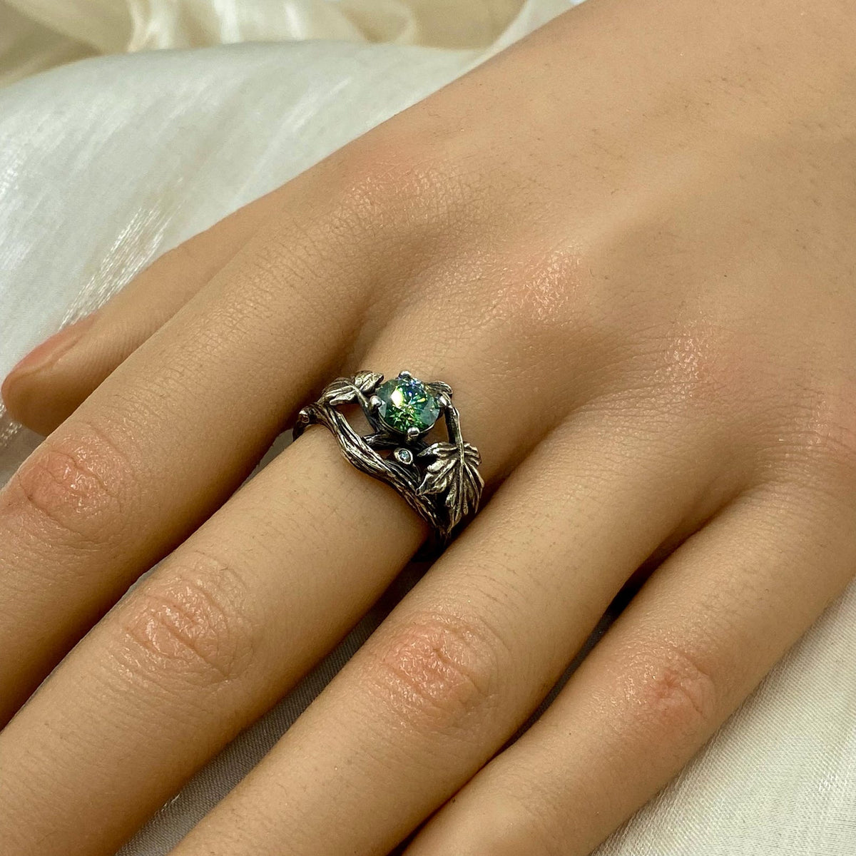 Green Moissanite Sterling Silver Maple Leaf Ring