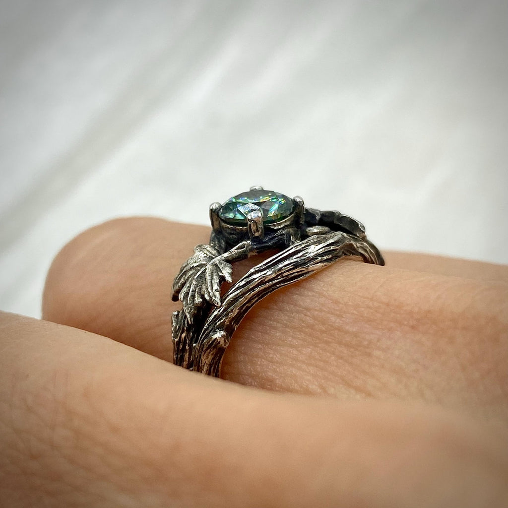 Green Moissanite Sterling Silver Maple Leaf Ring