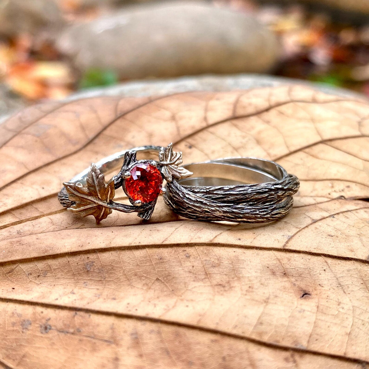 Padparadscha Sterling Silver Maple Leaf Ring Set