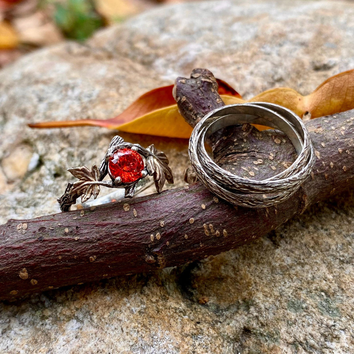 Padparadscha Sterling Silver Maple Leaf Ring Set