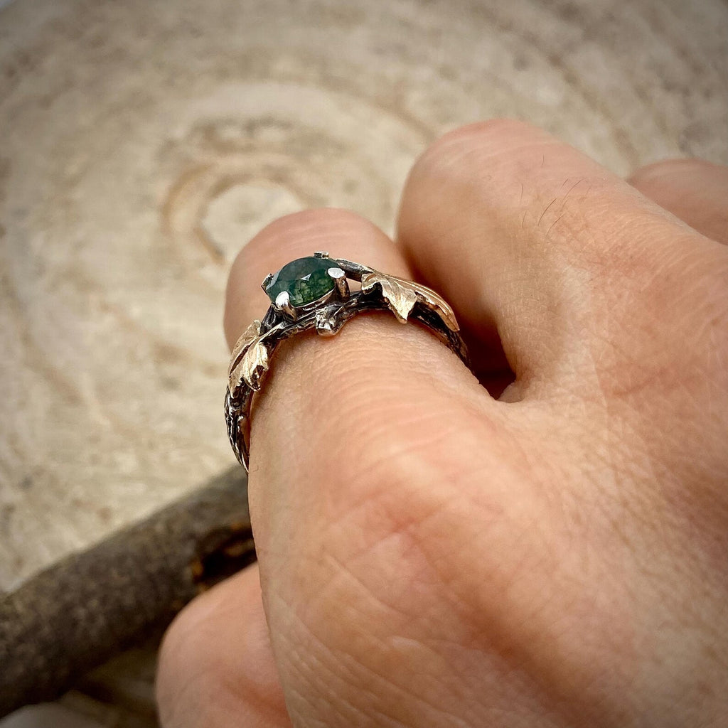 Moss Agate Sterling Silver Maple Leaf Ring