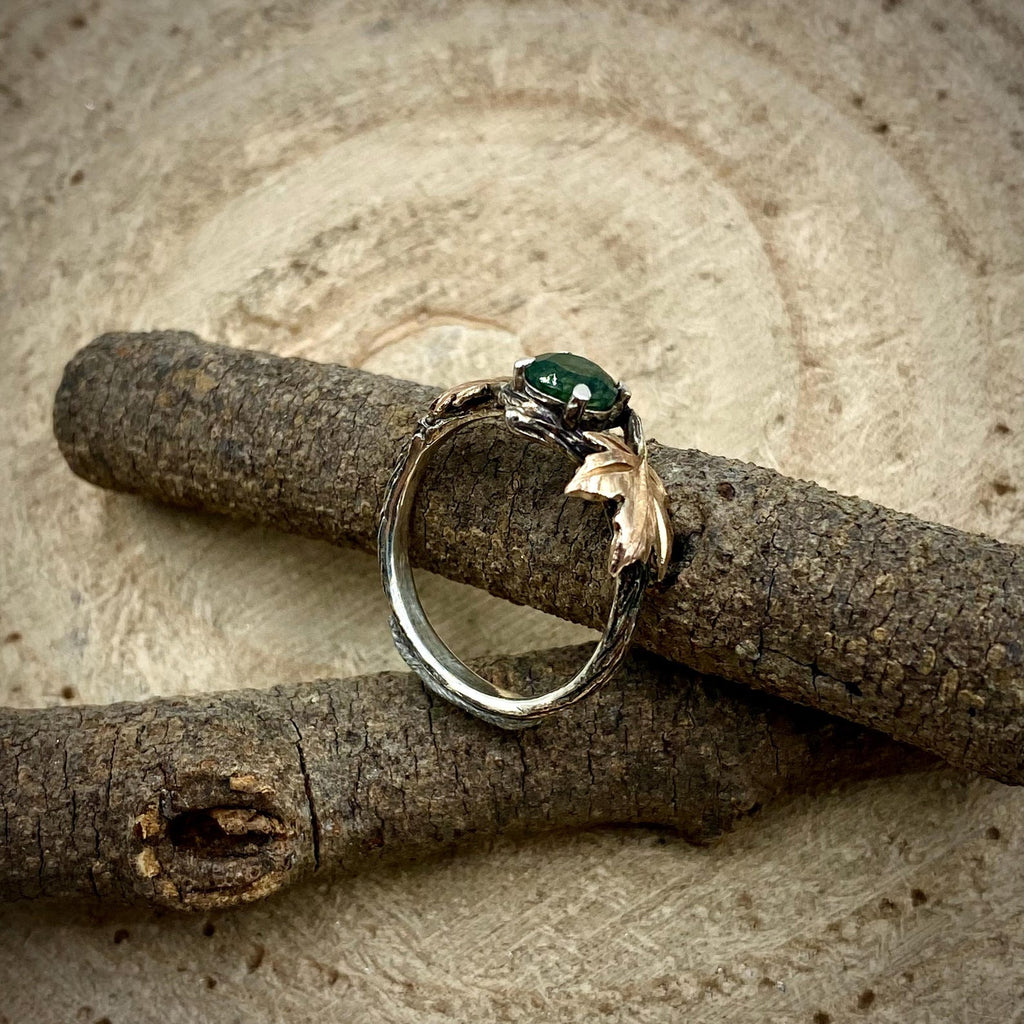 Moss Agate Sterling Silver Maple Leaf Ring