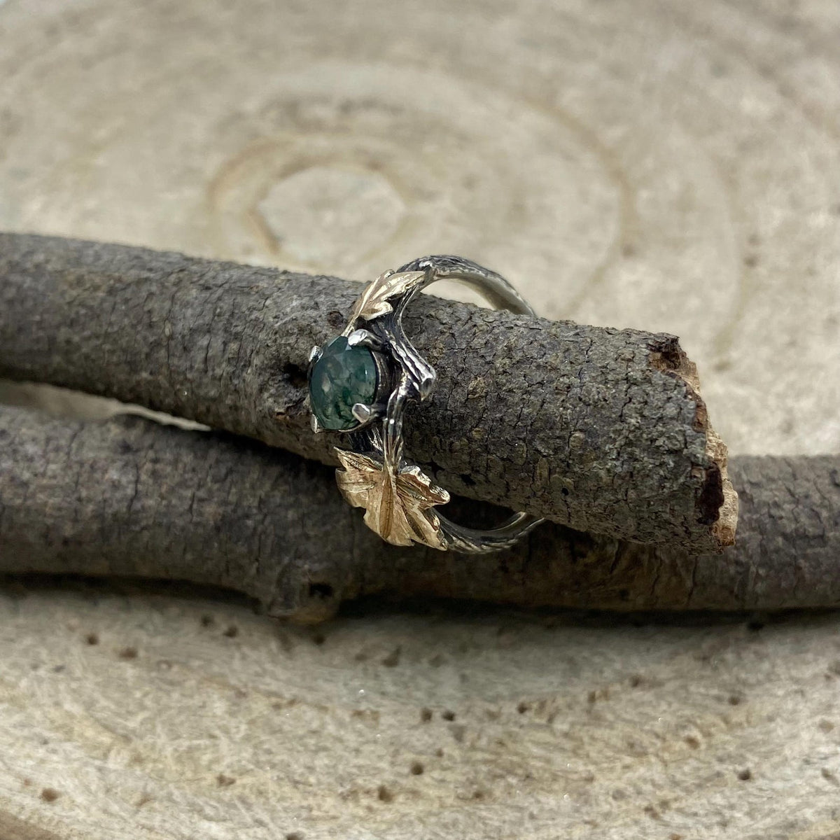 Moss Agate Sterling Silver Maple Leaf Ring