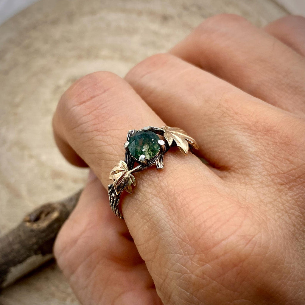 Moss Agate Sterling Silver Maple Leaf Ring
