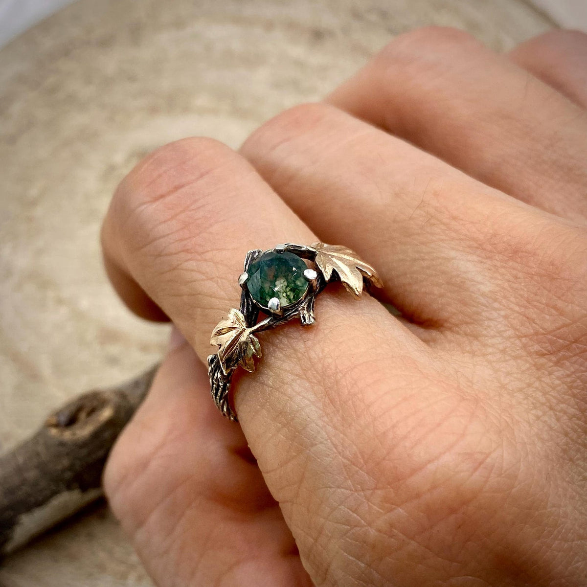 Moss Agate Sterling Silver Maple Leaf Ring