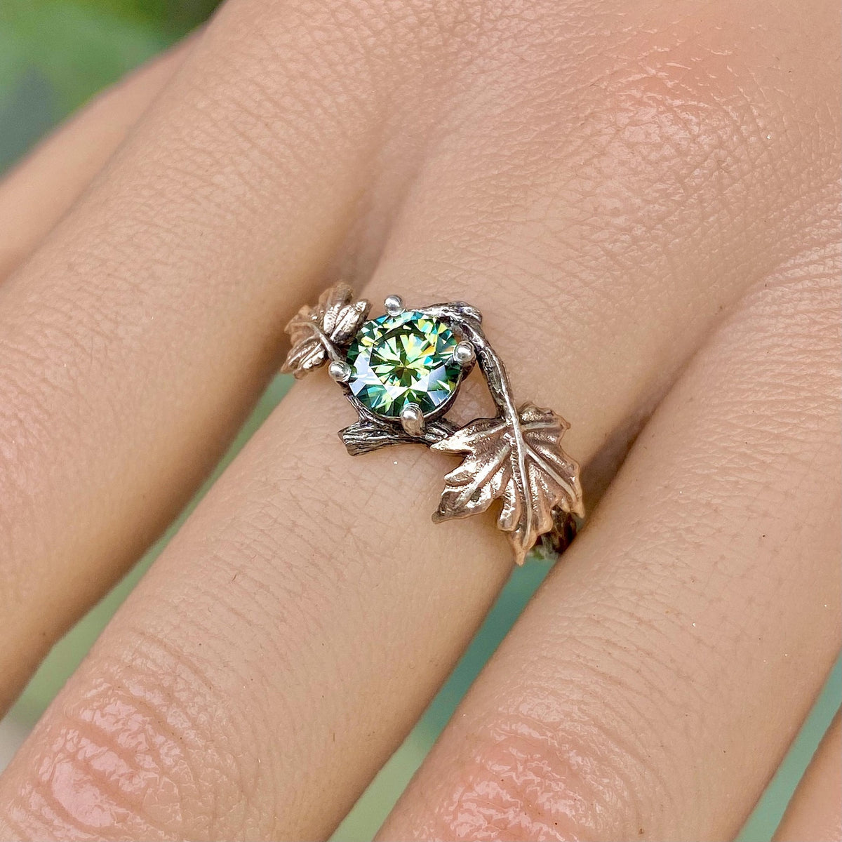 Green Moissanite Sterling Silver Maple Leaf Ring