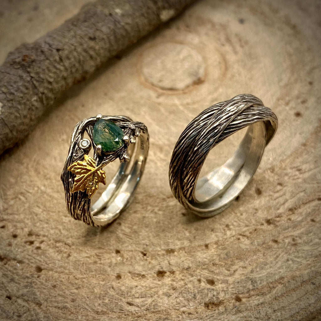 Moss Agate Sterling Silver Twig Ring Set