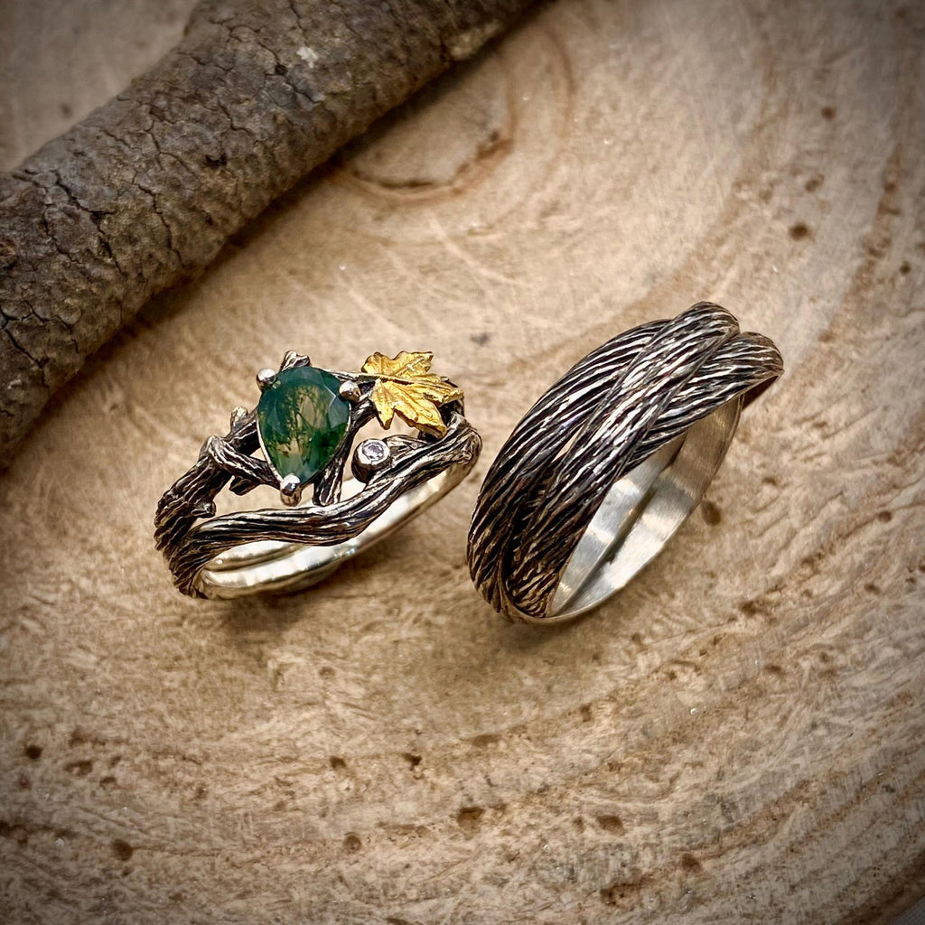 Moss Agate Sterling Silver Twig Ring Set