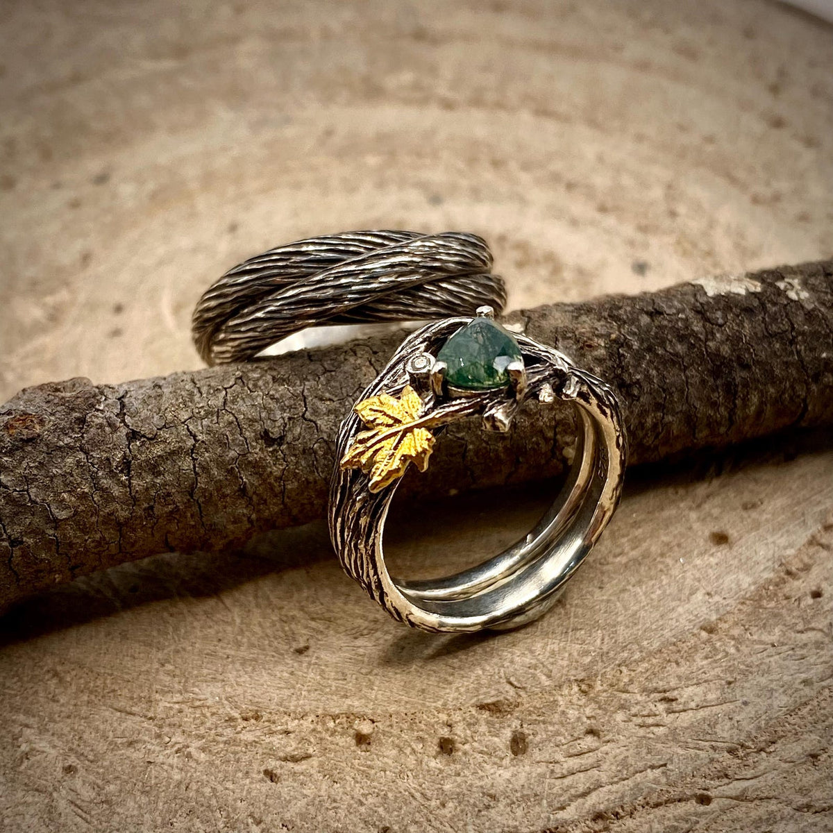 Moss Agate Sterling Silver Twig Ring Set