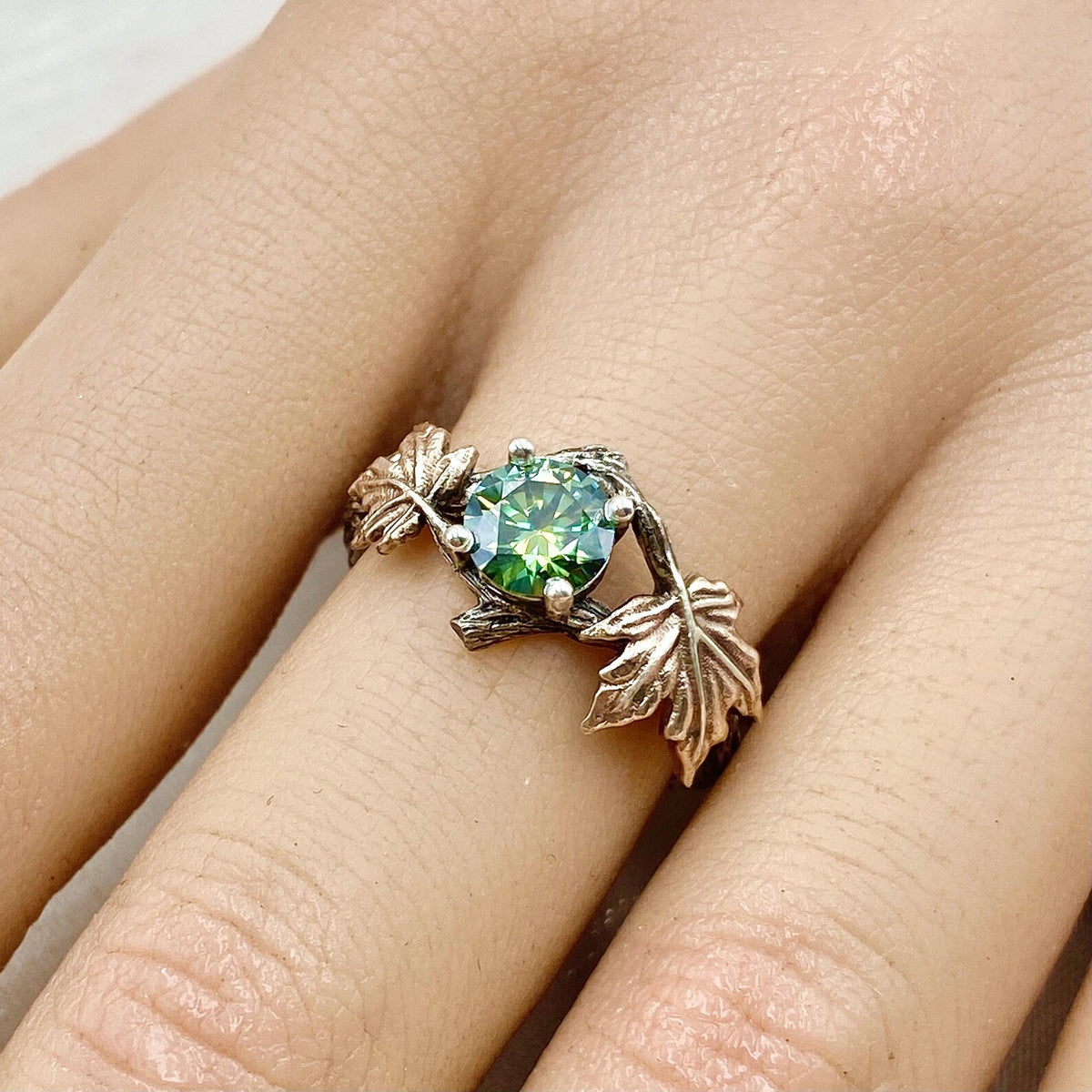 Green Moissanite Sterling Silver Maple Leaf Ring