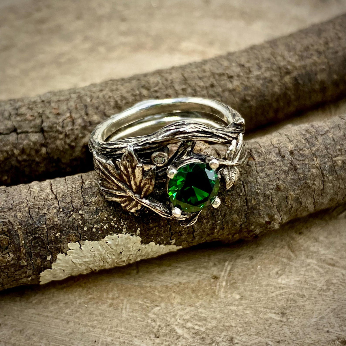 Emerald Sterling Silver Maple Leaf Ring