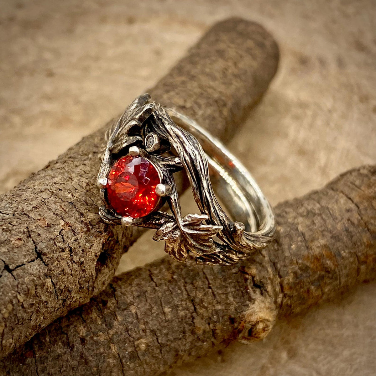 Padparadscha Sterling Silver Twig Ring