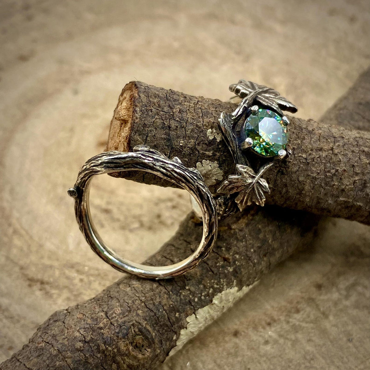 Green Moissanite Sterling Silver Maple Leaf Ring