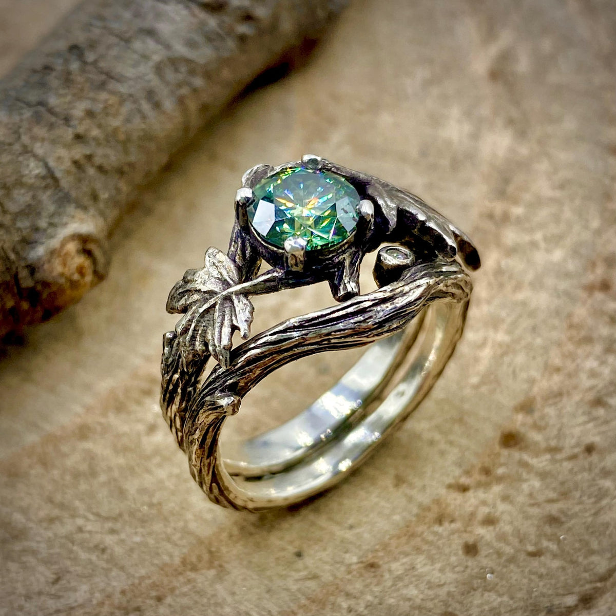 Green Moissanite Sterling Silver Maple Leaf Ring