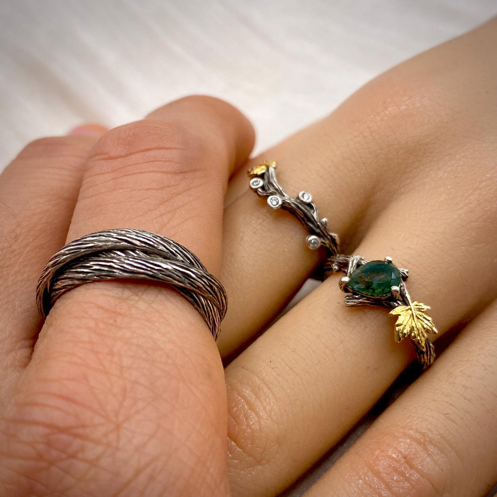 Moss Agate Sterling Silver Maple Leaf Ring Set