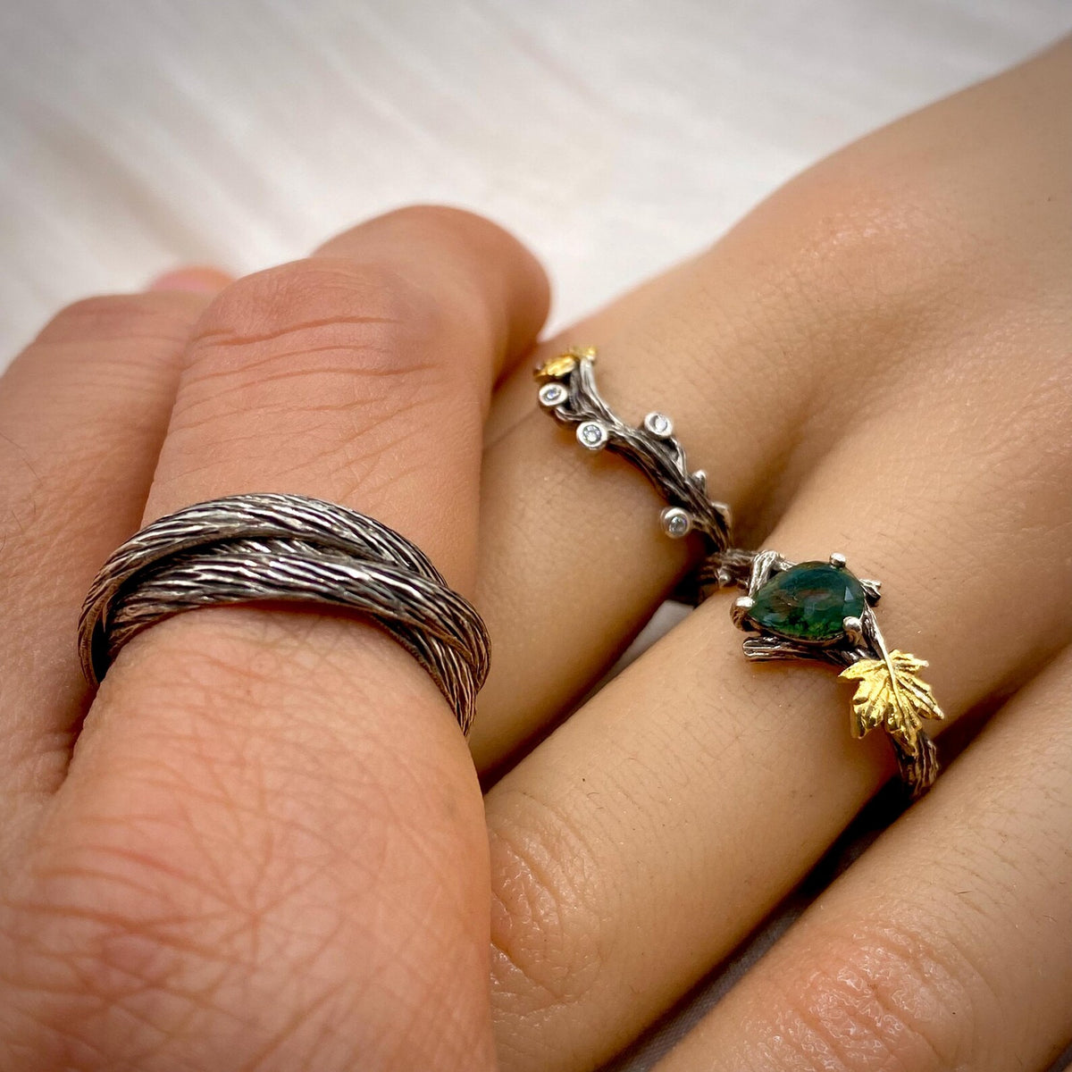 Moss Agate Sterling Silver Maple Leaf Ring Set