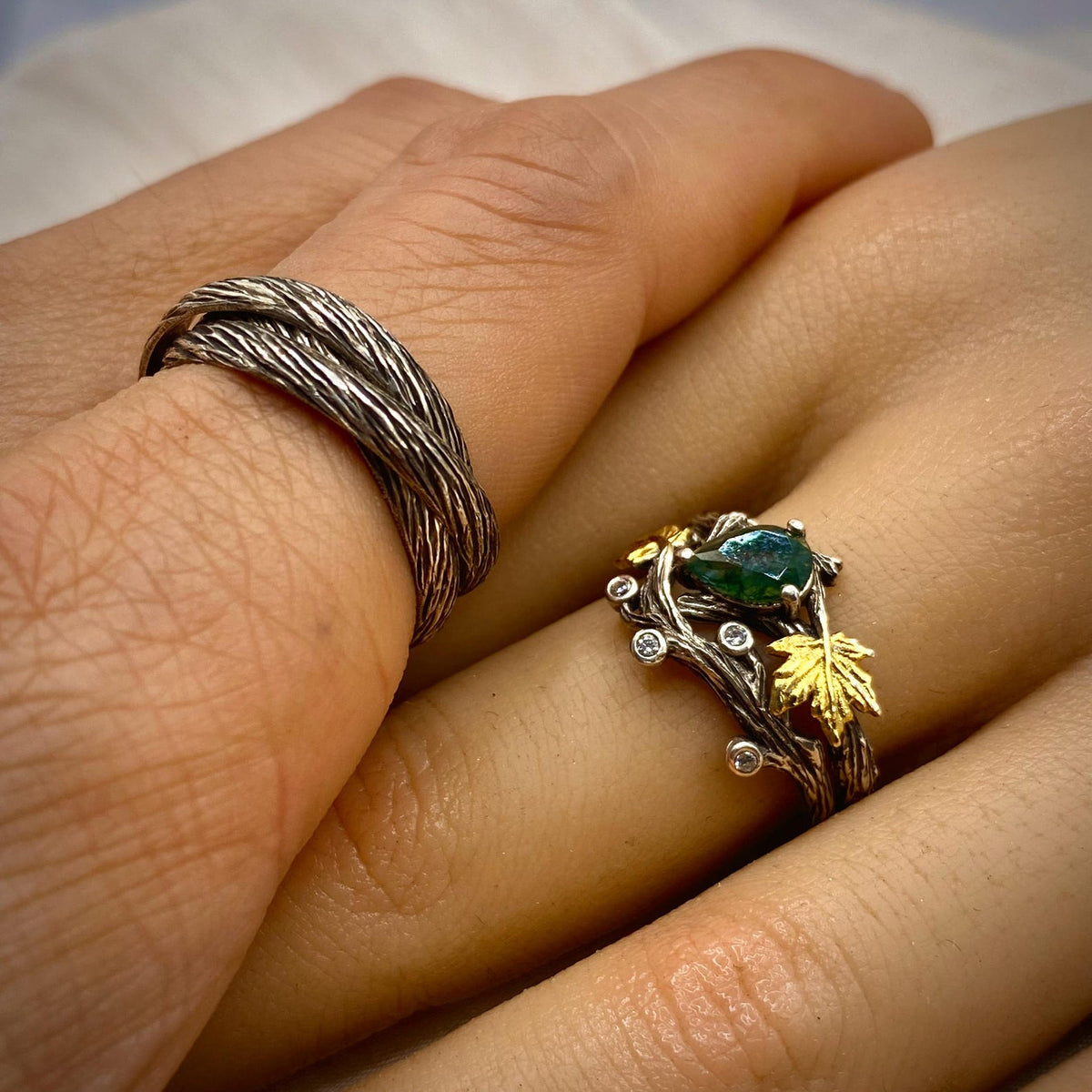 Moss Agate Sterling Silver Maple Leaf Ring Set