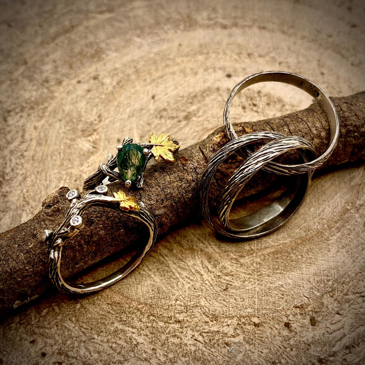 Moss Agate Sterling Silver Maple Leaf Ring Set