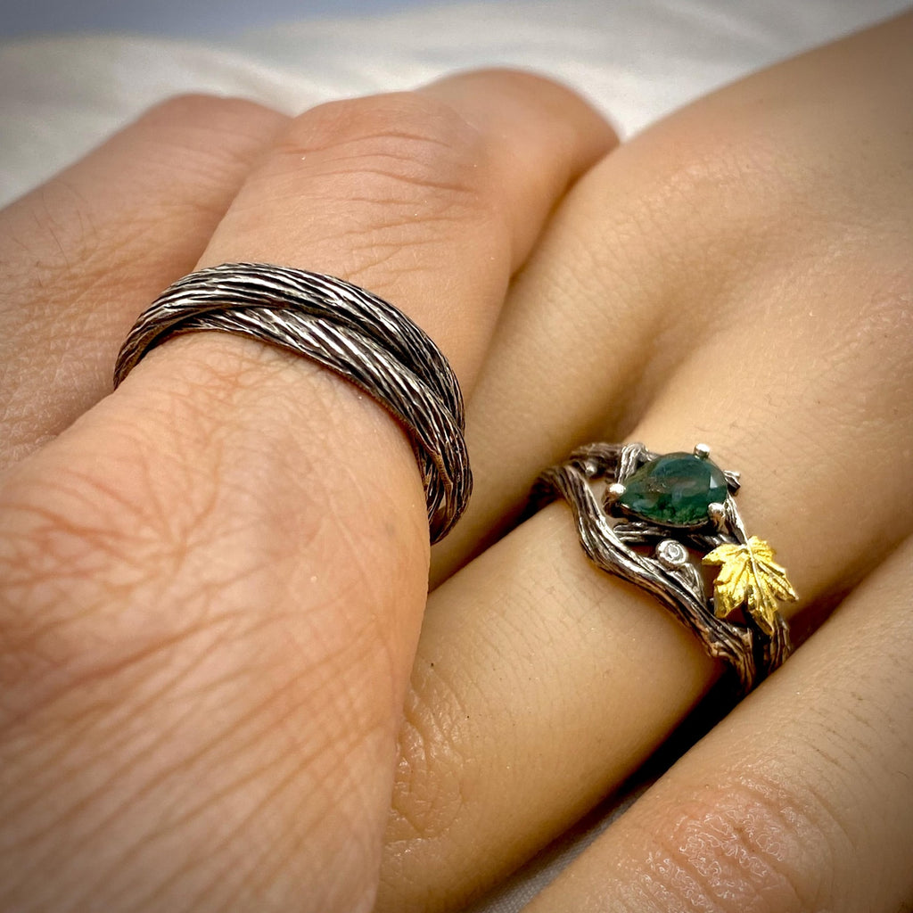 Moss Agate Sterling Silver Twig Ring Set