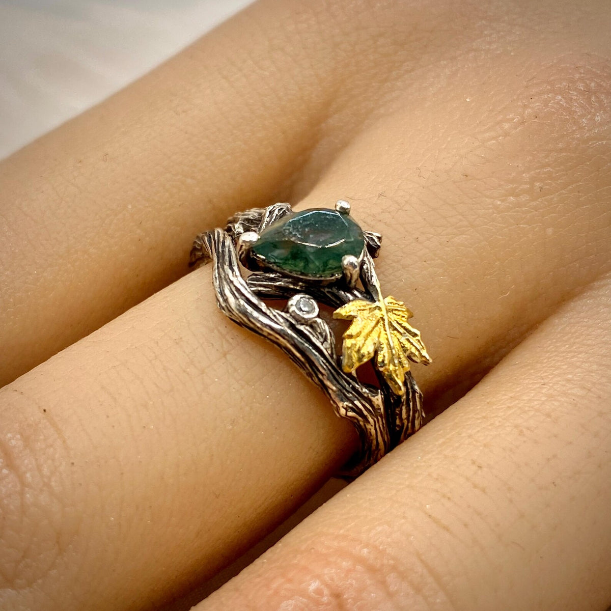 Moss Agate Sterling Silver Twig Ring Set
