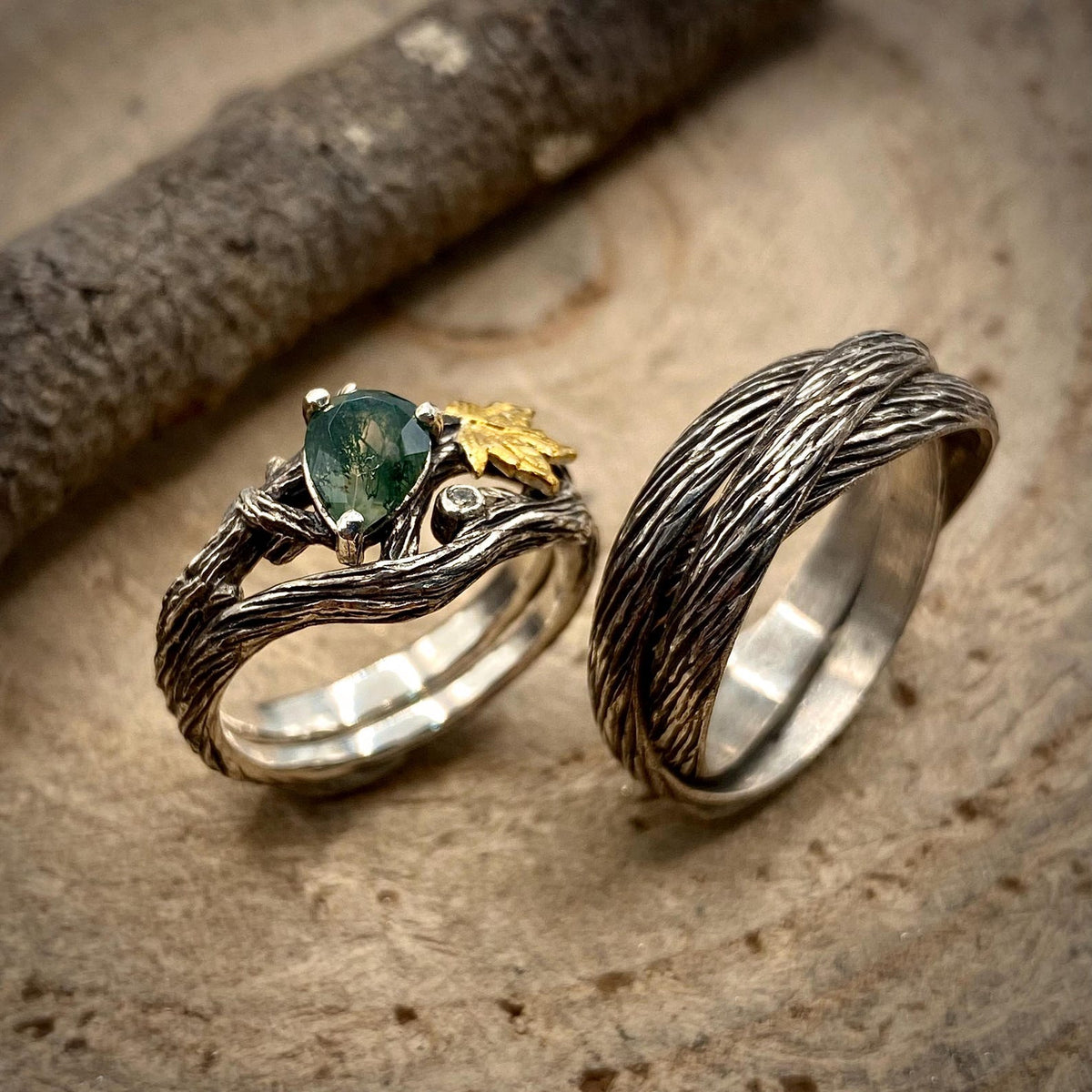 Moss Agate Sterling Silver Twig Ring Set