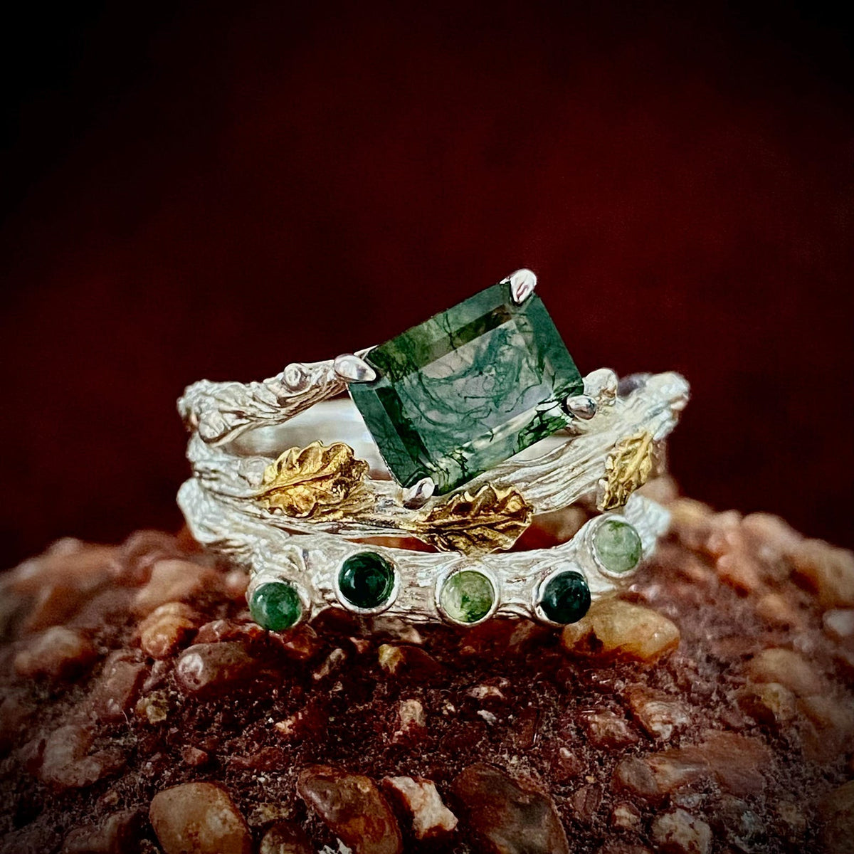 Moss Agate Sterling Silver Oak Leaf Ring