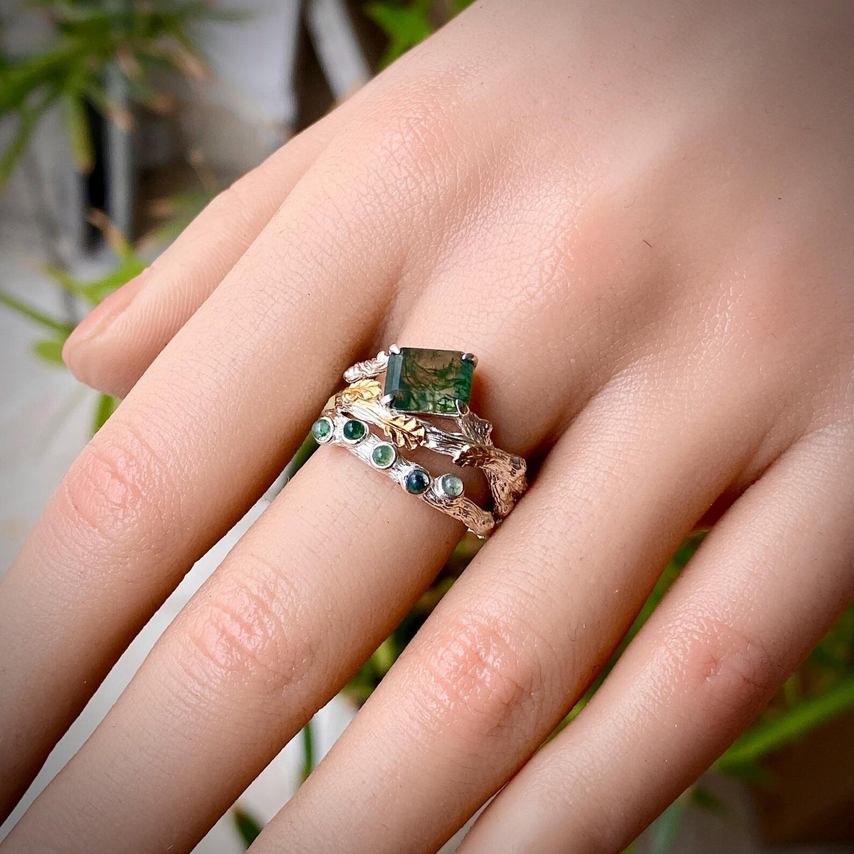 Moss Agate Sterling Silver Oak Leaf Ring