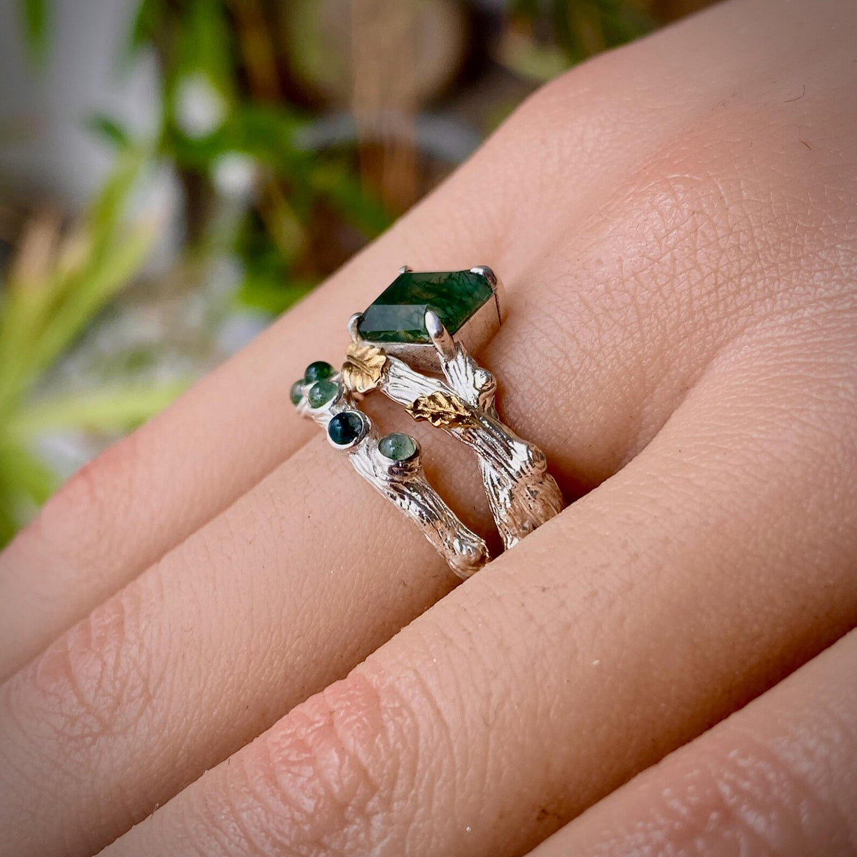 Moss Agate Sterling Silver Oak Leaf Ring