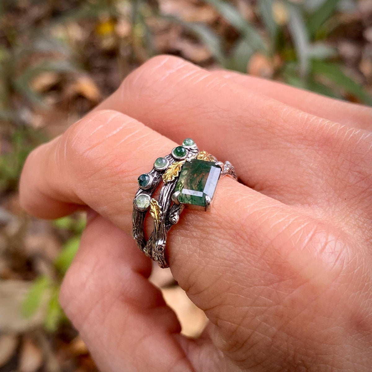 Moss Agate Sterling Silver Oak Leaf Ring