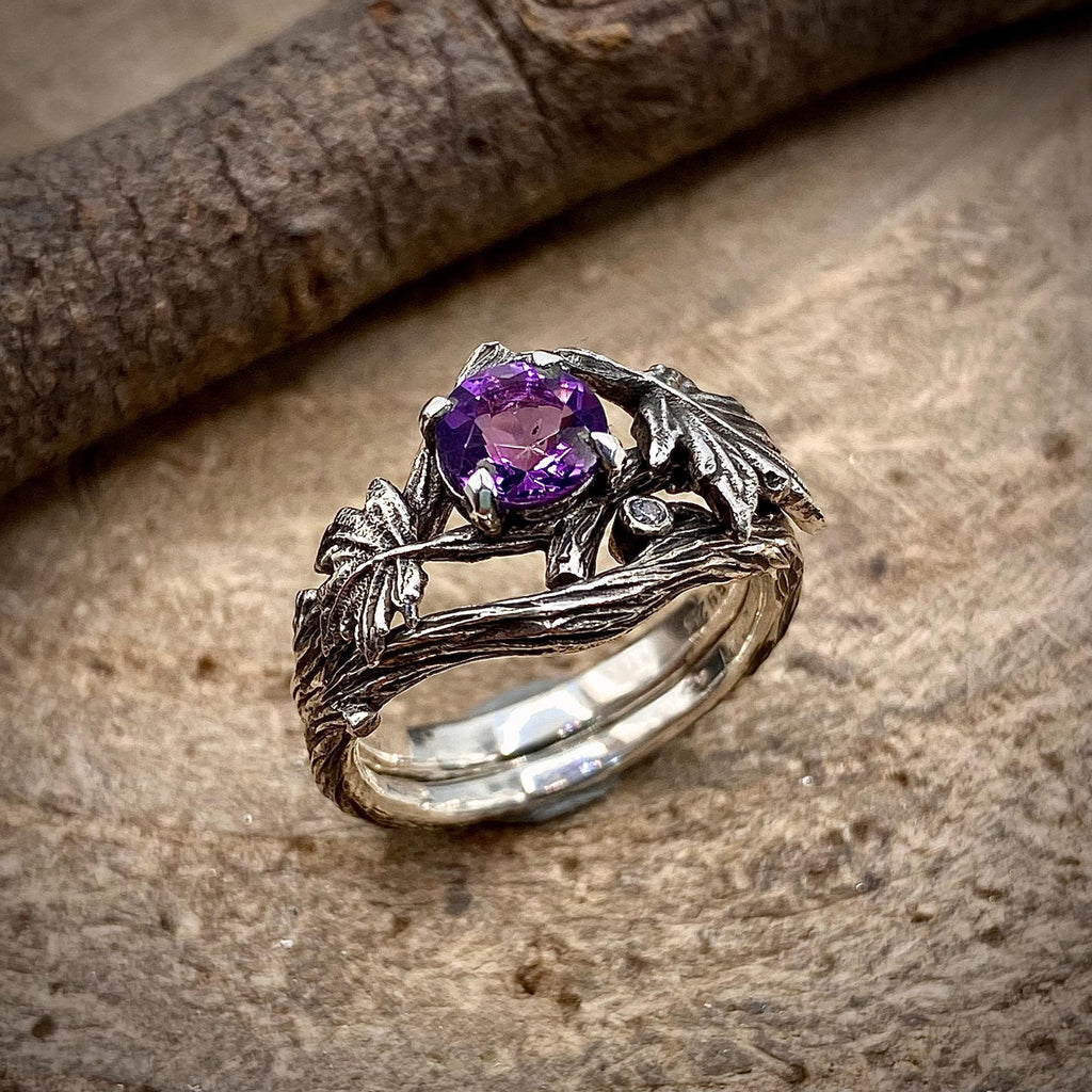 Amethyst Sterling Silver Maple Leaf Band
