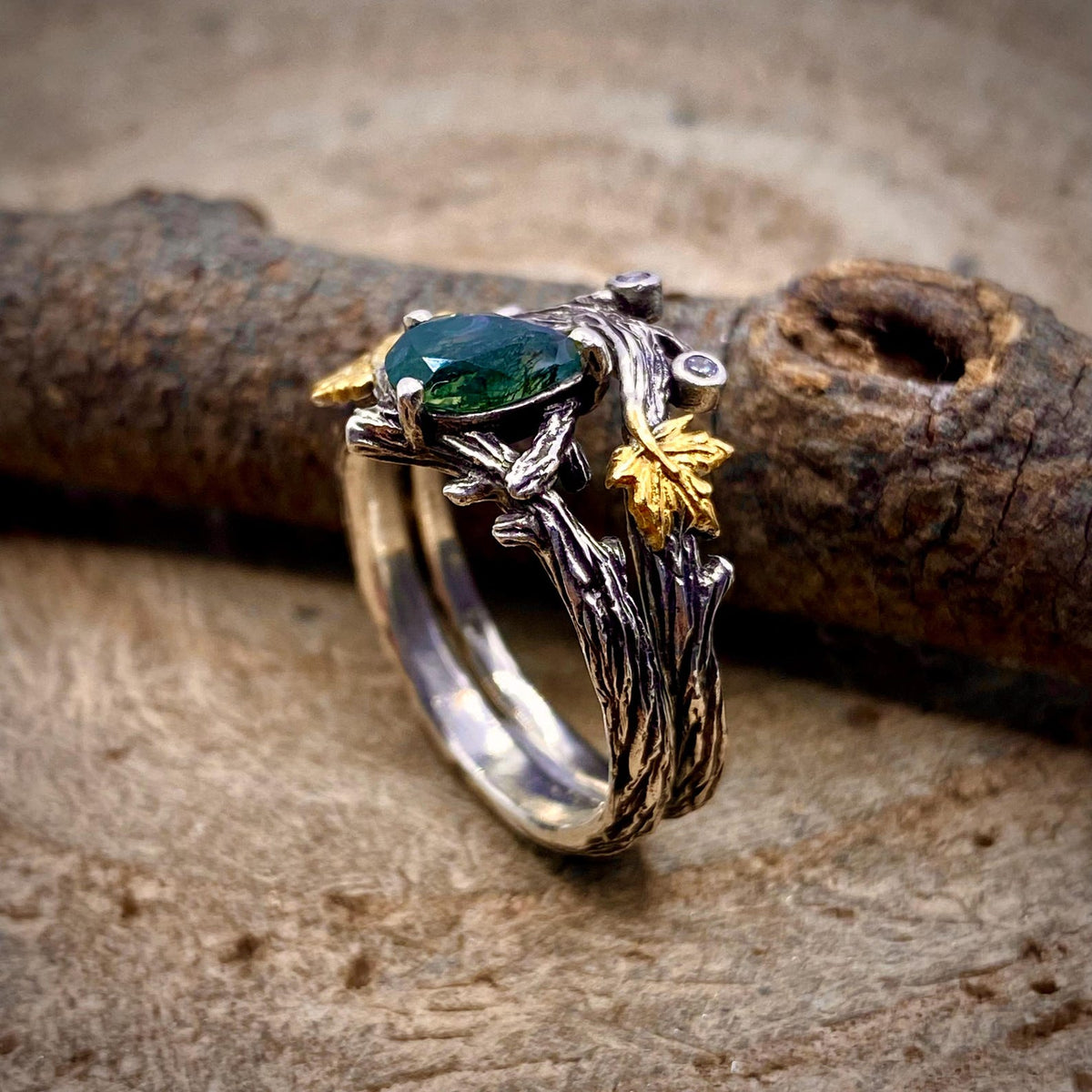 Moss Agate Sterling Silver Maple Leaf Ring Set