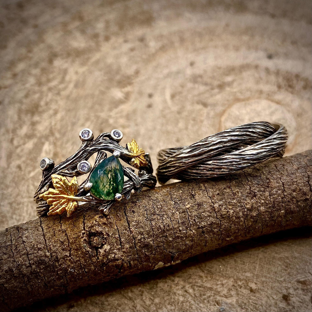 Moss Agate Sterling Silver Maple Leaf Ring Set
