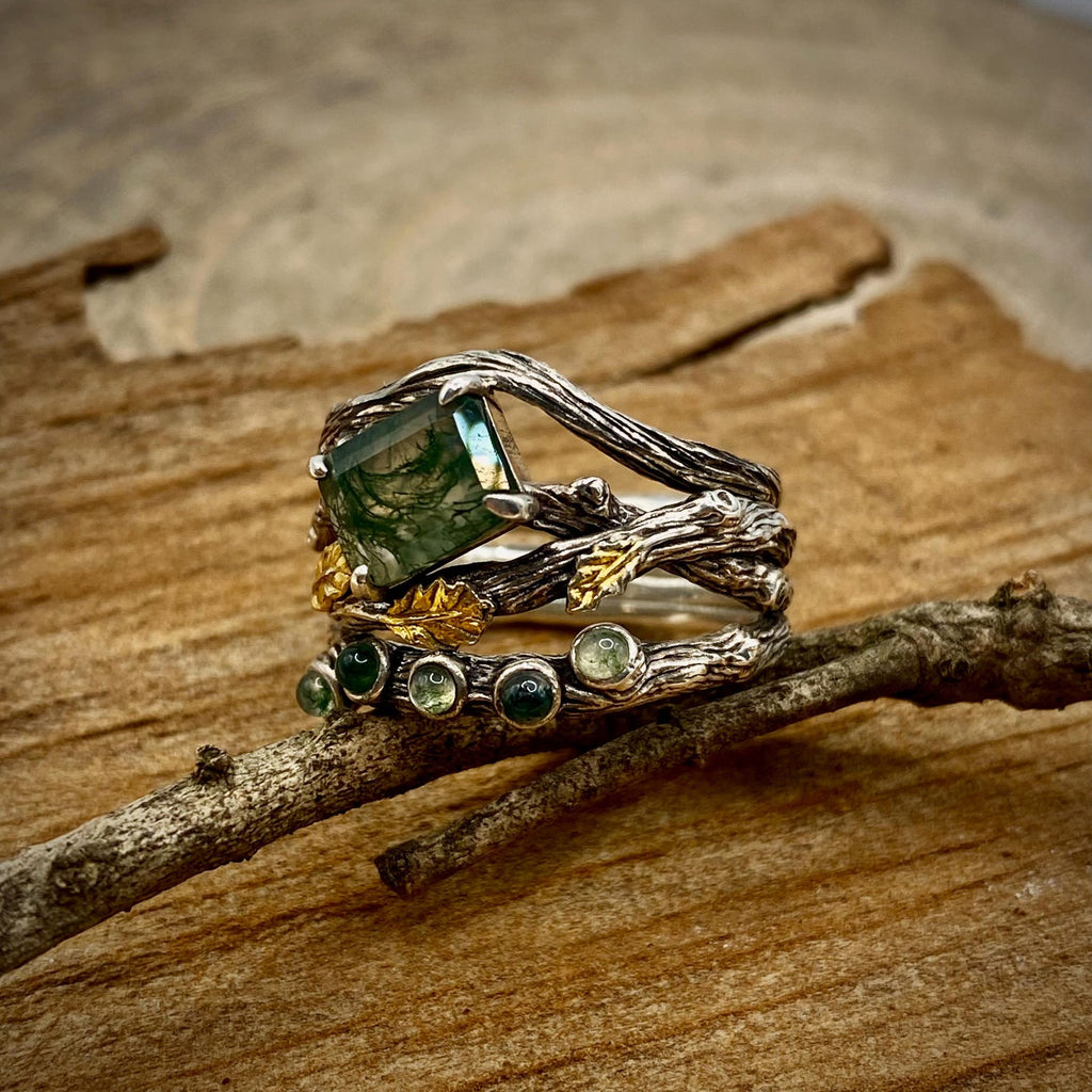 Moss Agate Sterling Silver Oak Leaf Ring
