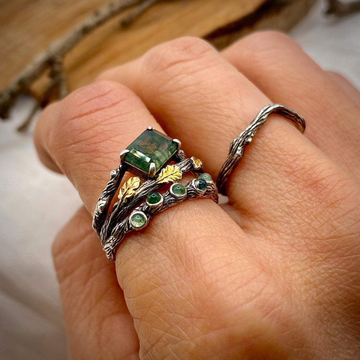 Moss Agate Sterling Silver Oak Leaf Ring