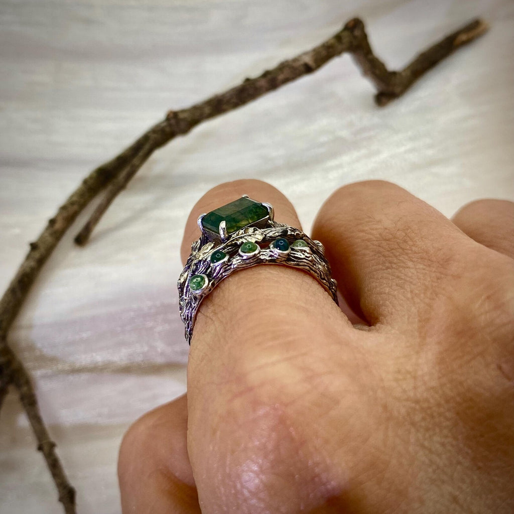 Moss Agate Sterling Silver Oak Leaf Ring
