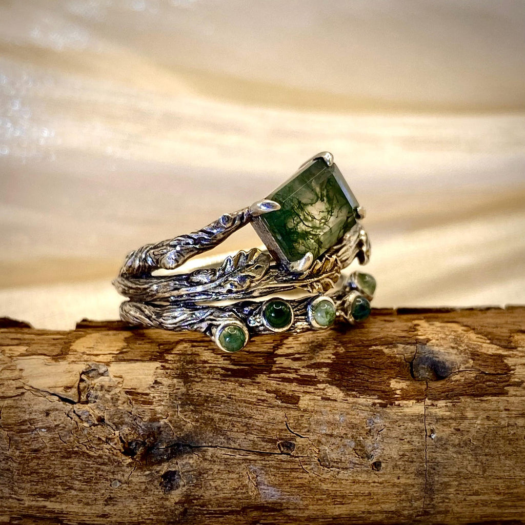 Moss Agate Sterling Silver Oak Leaf Ring