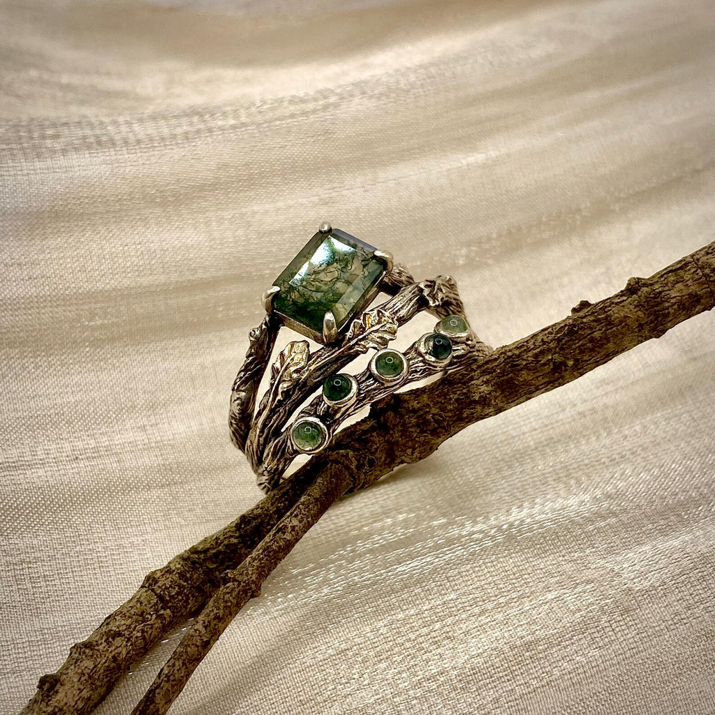 Moss Agate Sterling Silver Oak Leaf Ring