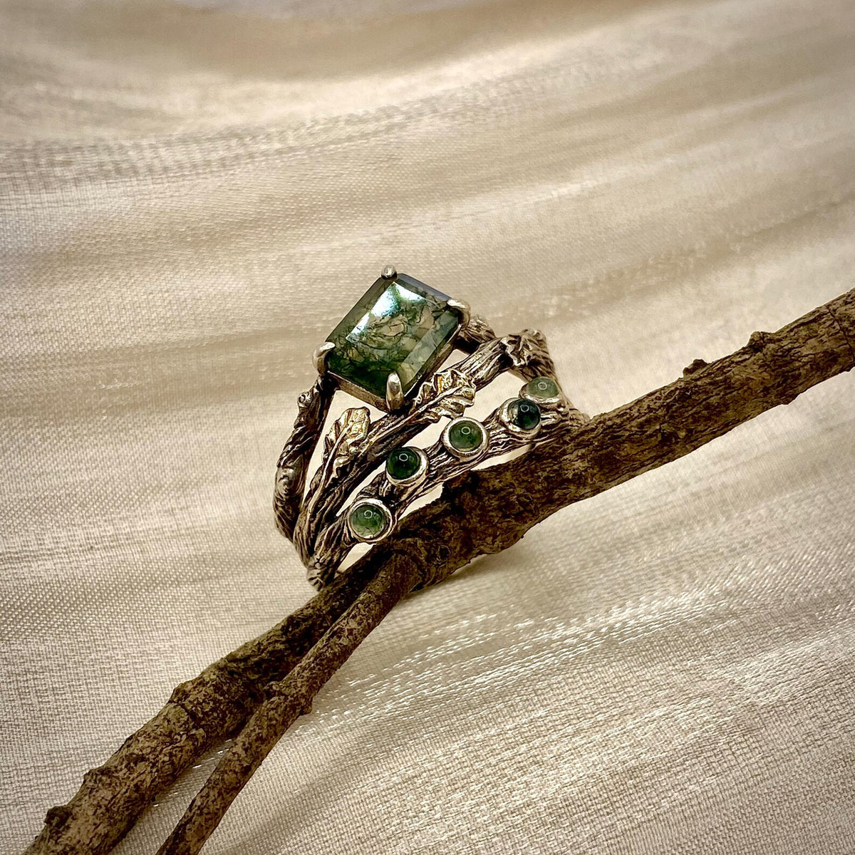 Moss Agate Sterling Silver Oak Leaf Ring