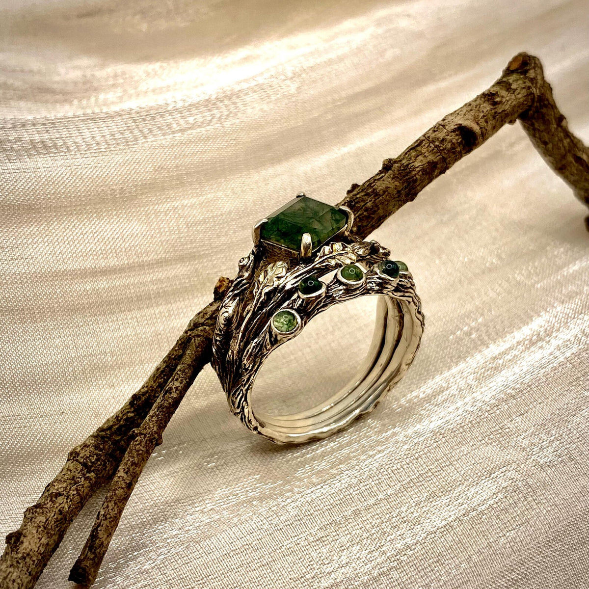 Moss Agate Sterling Silver Oak Leaf Ring
