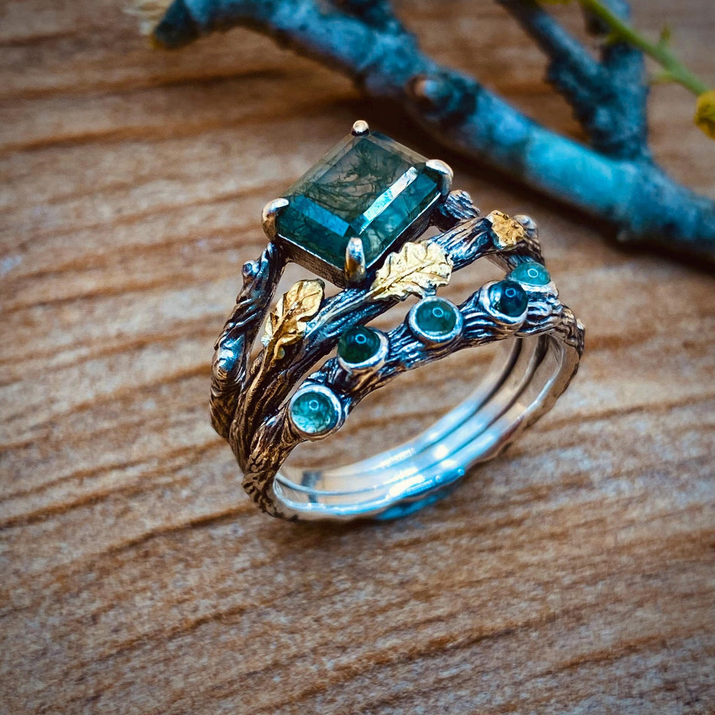 Moss Agate Sterling Silver Oak Leaf Ring