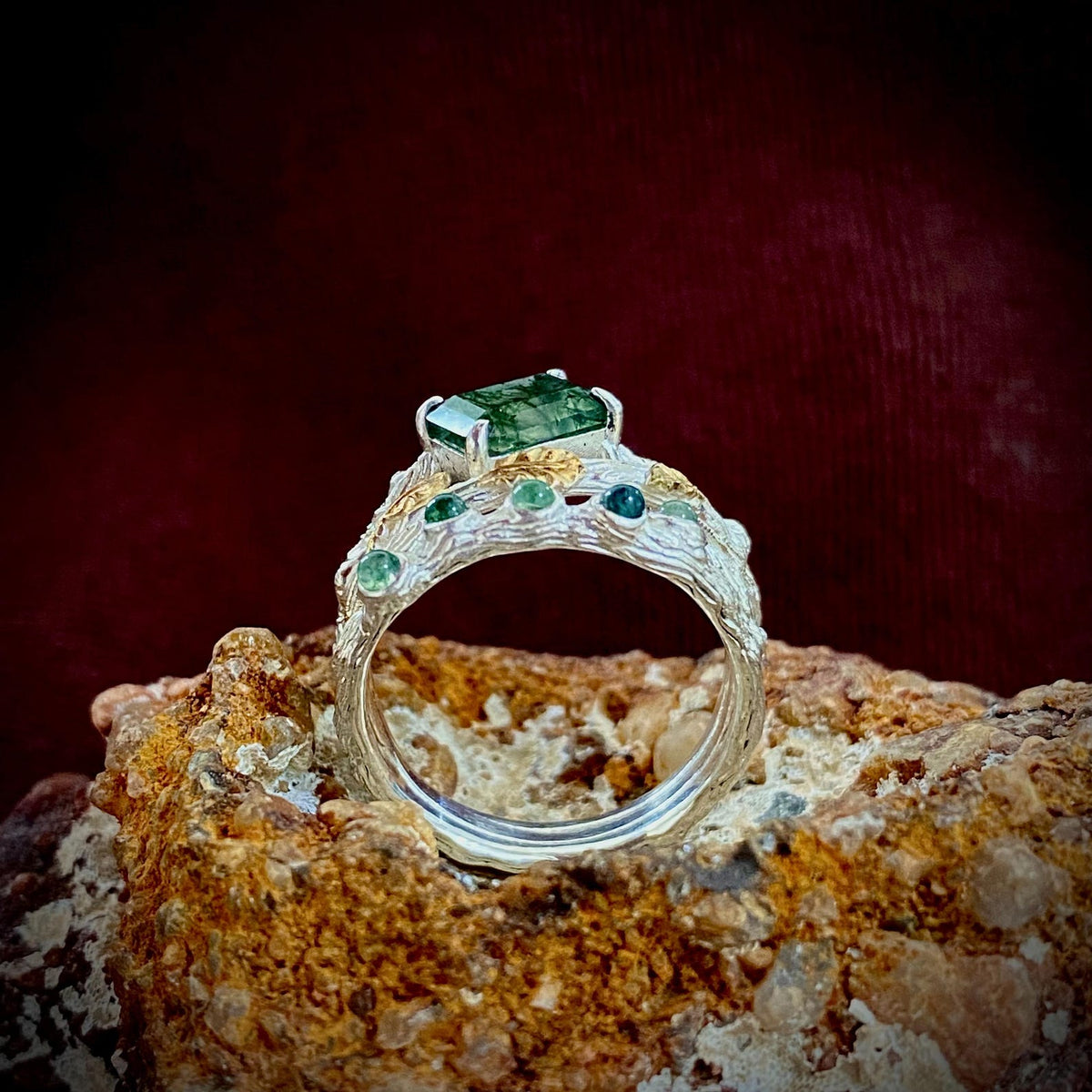 Moss Agate Sterling Silver Oak Leaf Ring