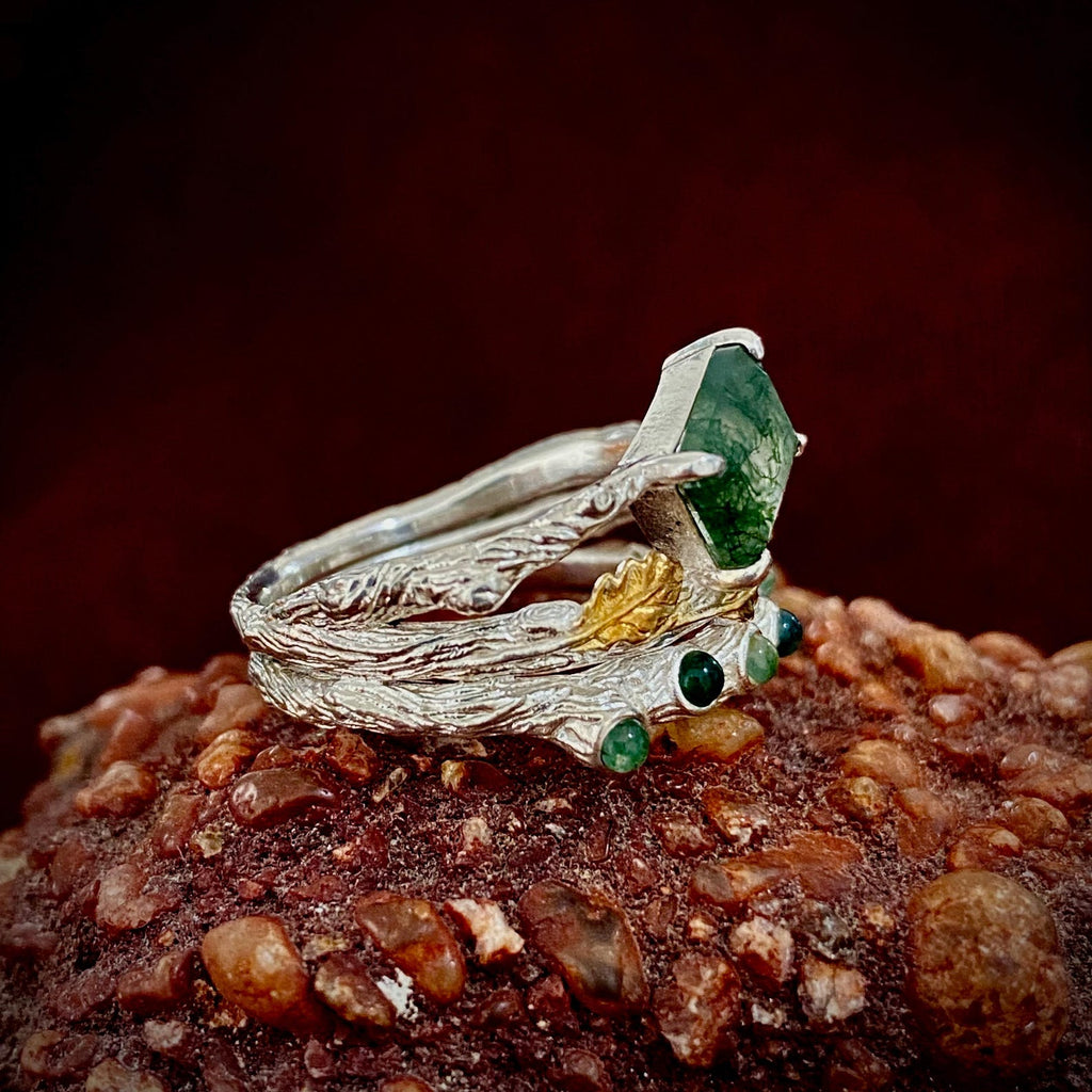 Moss Agate Sterling Silver Oak Leaf Ring