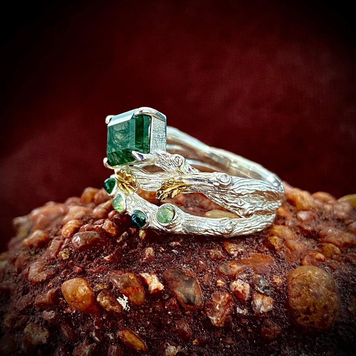 Moss Agate Sterling Silver Oak Leaf Ring