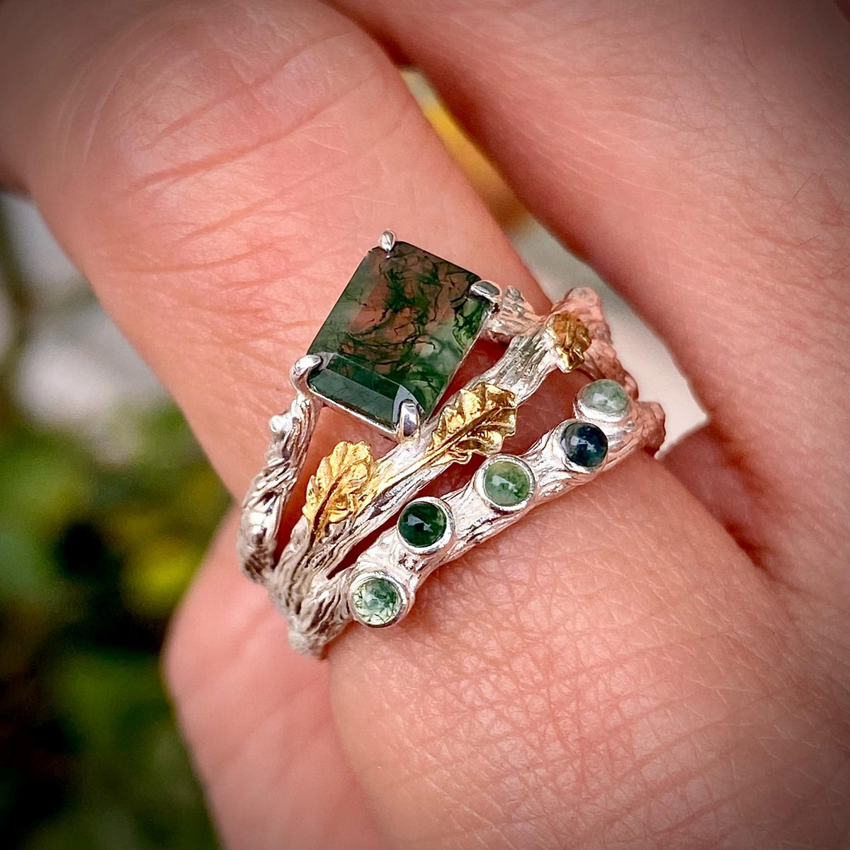 Moss Agate Sterling Silver Oak Leaf Ring