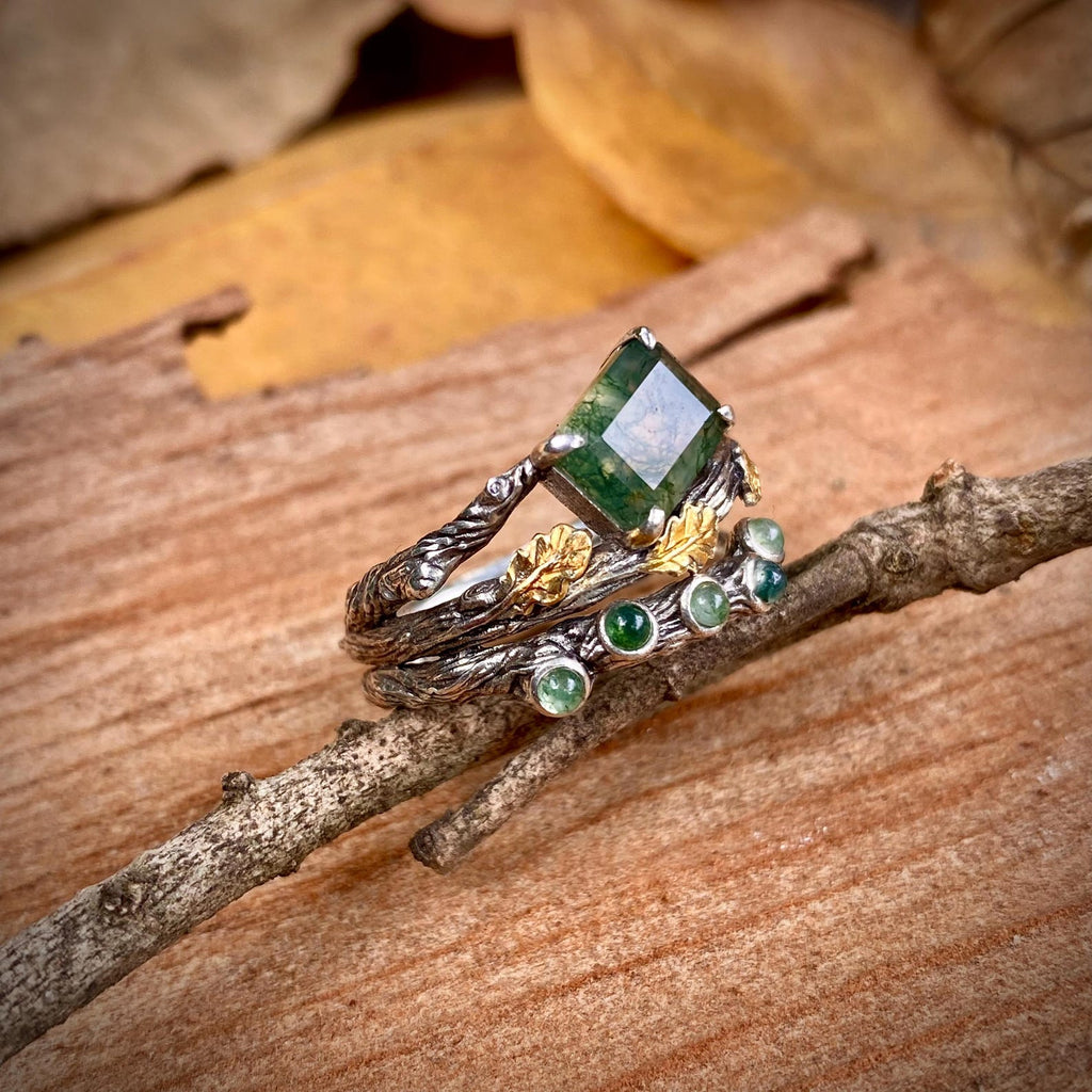 Moss Agate Sterling Silver Oak Leaf Ring