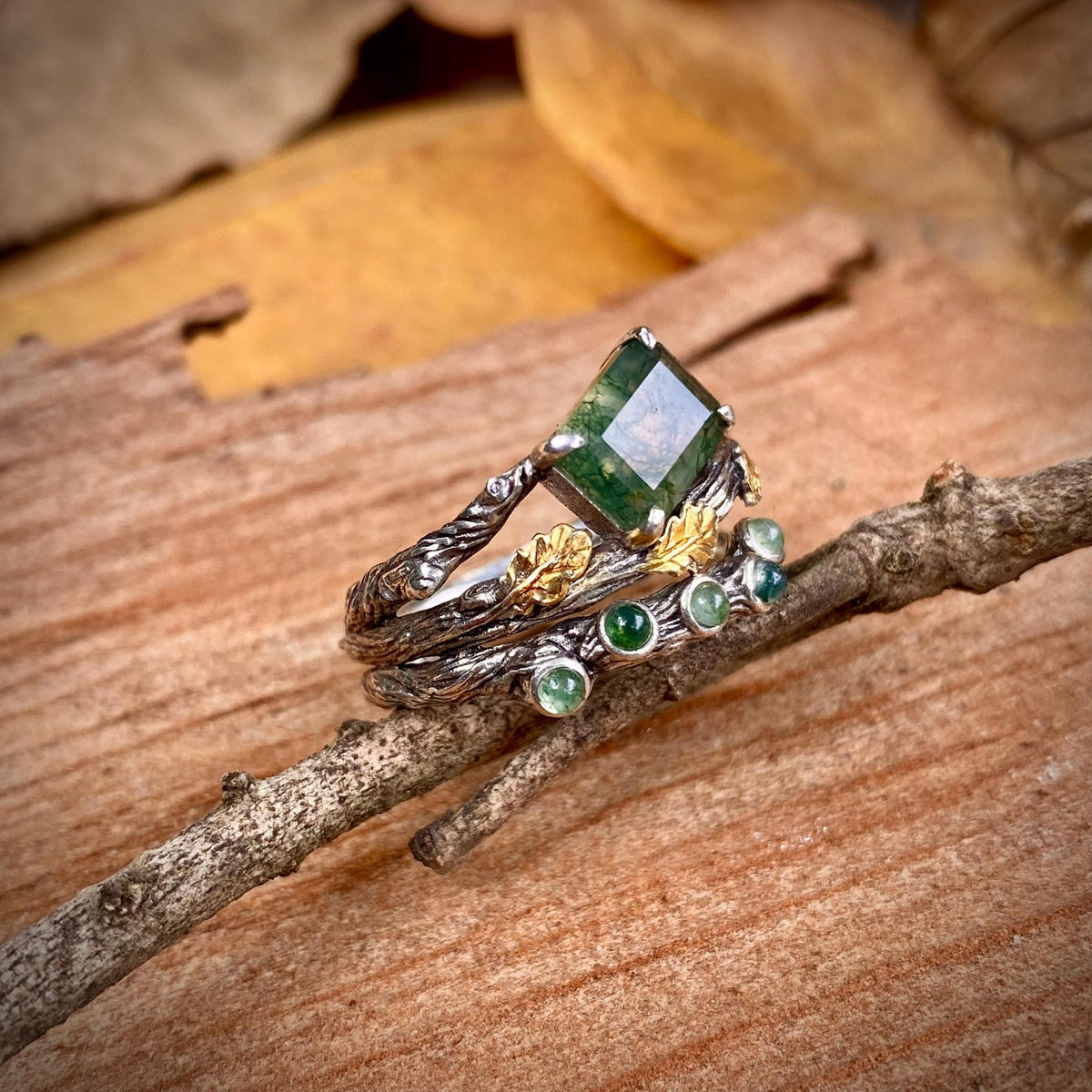 Moss Agate Sterling Silver Oak Leaf Ring