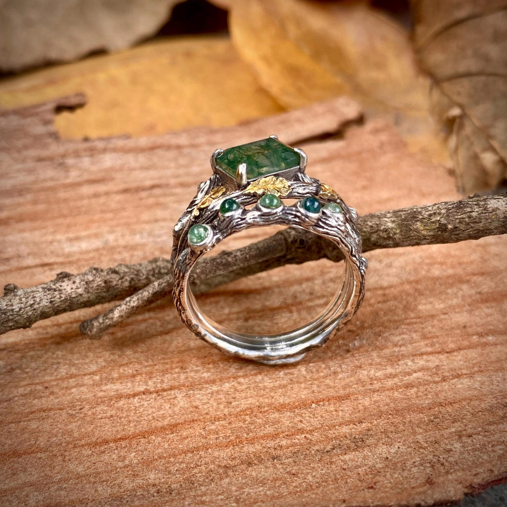 Moss Agate Sterling Silver Oak Leaf Ring
