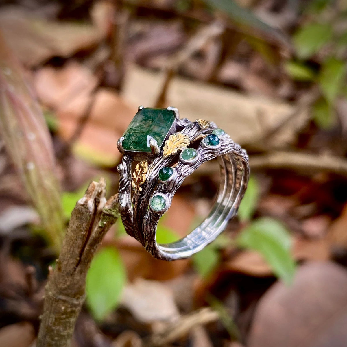 Moss Agate Sterling Silver Oak Leaf Ring