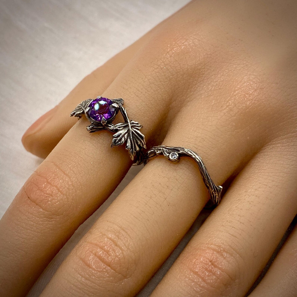 Amethyst Sterling Silver Maple Leaf Band